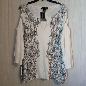 Ashley Stewart Women's Size 12 Cold Shoulder Keyhole Paisley White Sweater Top